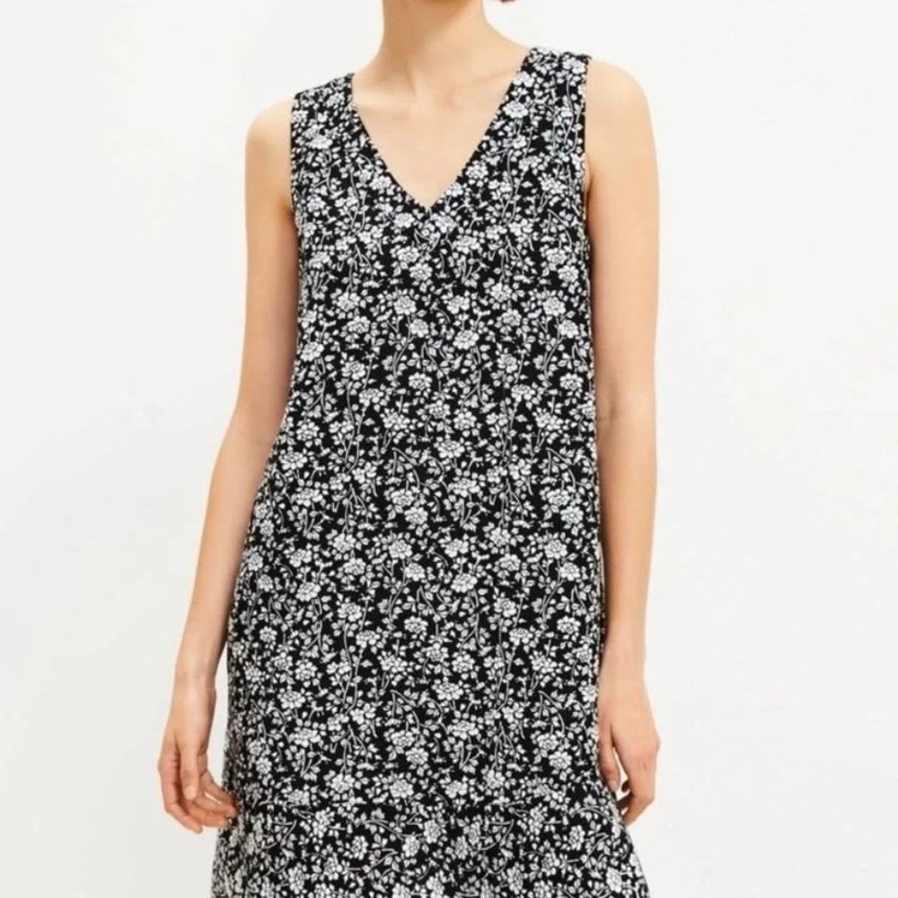 LOFT Mini Dress Womens Small Black White Floral Linen Blend Sleeveless V-Neck